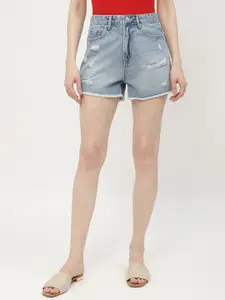 Madame Women Washed High-Rise Distressed Cotton Denim Shorts