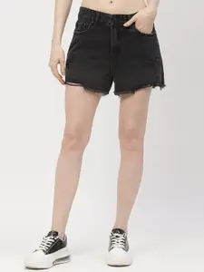 Madame Women Washed High-Rise Distressed Cotton Denim Shorts
