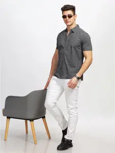 BULLMER Straight Geometric Printed Spread Collar Cotton Curved Casual Shirt