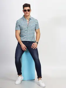 BULLMER Straight Geometric Printed Spread Collar Cotton Curved Casual Shirt