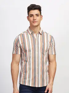 BULLMER Straight Spread Collar Cotton Striped Curved Casual Shirt