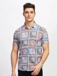 BULLMER Straight Ethnic Motifs Printed Spread Collar Cotton Curved Casual Shirt