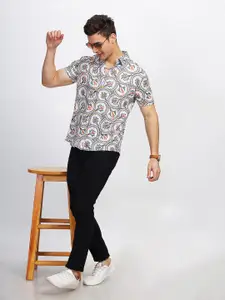 BULLMER Straight Ethnic Motifs Printed Spread Collar Cotton Curved Casual Shirt