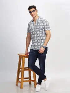 BULLMER Straight Fit Abstract Printed Spread Collar Short Sleeves Cotton Casual Shirt