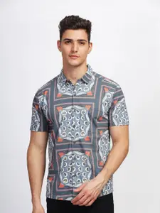 BULLMER Straight Ethnic Motifs Printed Spread Collar Cotton Curved Casual Shirt