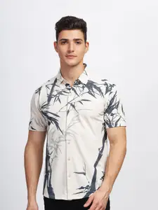 BULLMER Straight Fit Floral Printed Spread Collar Short Sleeves Cotton Casual Shirt