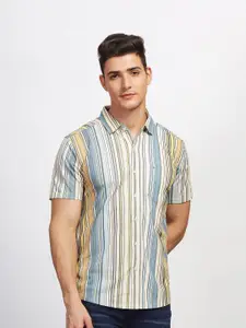BULLMER Straight Spread Collar Cotton Striped Curved Casual Shirt