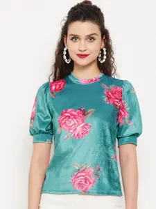 Uptownie Floral Printed High Neck Puff Sleeve Velvet Stretchable Top
