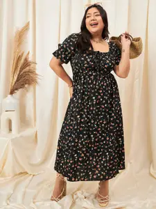 Berrylush Curve Black Curve Floral Print Crepe Fit & Flare Midi Dress
