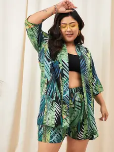 Berrylush Curve Tropical Printed Shrug With Shorts Co-Ords