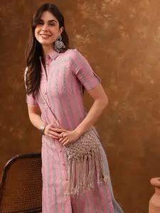 Anouk Women Striped Printed Roll-Up Sleeves Straight Kurta