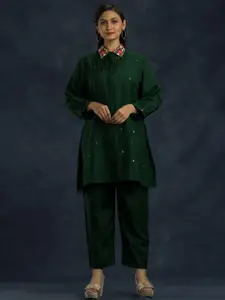 SACRED SUTA Embroidered Shirt Collar Neck Top & Flared Trouser