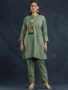 SACRED SUTA Embroidered Pure Cotton Mandarin Collar Neck Top & Flared Trouser Co-Ords