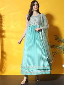 Chhabra 555 Turquoise Blue Embellished Accordion Pleated Ethnic Dress With Dupatta