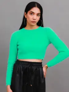 NoBarr Boucle Round Neck Full Sleeves Crop Ribbed Pullover Sweater