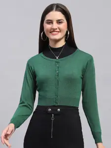 Monte Carlo Round Neck Full Sleeves Crop Ribbed Woollen Cardigan Sweater