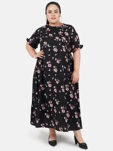 Indietoga Plus Size Black Floral Print Fit And Flare Long Maxi Dress