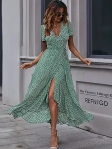 StyleCast Green & White Floral Printed Maxi Wrap Dress