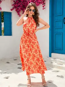 StyleCast Pink & Orange Floral Print Cotton Fit & Flare Maxi Dress