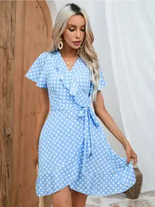 StyleCast Blue & White Polka Dot Print Wrap Dress