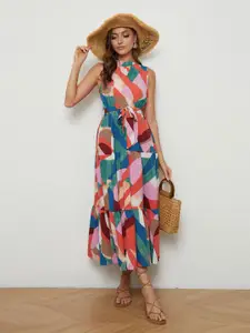 StyleCast Green & Pink Abstract Print Cotton Fit & Flare Maxi Dress