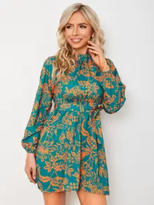 StyleCast Blue & Orange Floral Printed Cuffed Sleeve Cotton Fit & Flare Dress