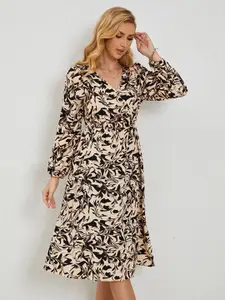 StyleCast Beige & Black Abstract Print Midi Wrap Dress
