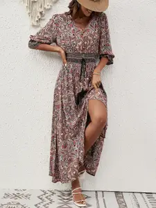 StyleCast Brown & Beige Ethnic Motifs Printed Cotton Fit & Flare Midi Dress