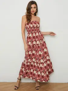 StyleCast Red & Beige Floral Print Off Shoulder Cotton Maxi Dress