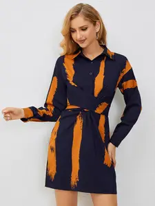 StyleCast Navy Blue & Orange Abstract Printed Shirt Mini Dress