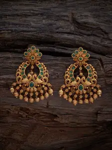 Kushal's Fashion Jewellery Gold-Plated Stones Studded Peacock Shaped Antique Drop Earrings