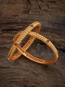 Kushal's Fashion Jewellery Set Of 2 Gold-Plated Stone Studded Bangle