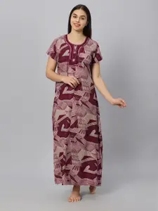 QUIRA Abstract Printed & Embroidered Maxi Nightdress