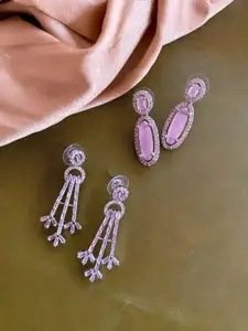 ATIBELLE Set Of 2 Silver-Plated CZ Stone Studded Contemporary Drop Earrings