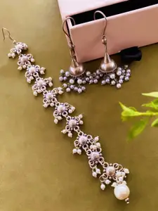 ATIBELLE Set Of 2 German Silver Plated Stone-Studded Maangtikka & Earrings