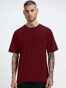 VEIRDO Maroon Drop-Shoulder Sleeves Pure Cotton Oversized T-shirt