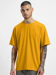 VEIRDO Mustard Yellow Drop-Shoulder Sleeves Pure Cotton Oversized T-shirt