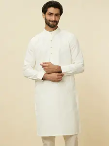 Manyavar Band Collar Long Sleeves Thread Work Linen Straight Kurta