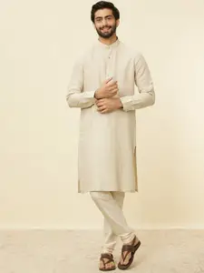 Manyavar Mandarin Collar Long Sleeves Striped Linen Kurta