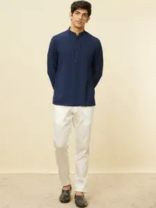 Manyavar Mandarin Collar Cold-Shoulder Sleeves Thread Work Art Silk Short Kurta