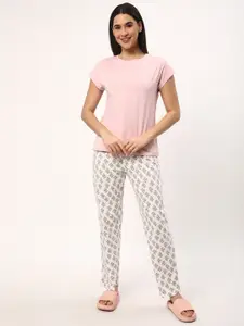 R&B Printed Pure Cotton Round Neck T-Shirt With Printed Trousers