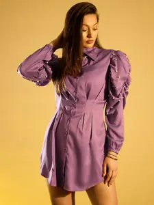 KASSUALLY Purple Pleated Power Shoulder Shirt Dress