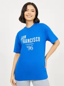 Styli Blue Typography Printed Oversized Longline Cotton T-shirt
