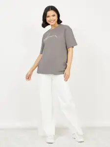 Styli Charcoal Typography Printed Oversized Cotton T-shirt