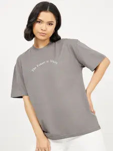 Styli Charcoal Typography Printed Oversized Cotton T-shirt