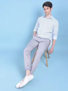 Crimsoune Club Spread Collar Long Sleeves Classic Slim Fit Pinstripes Checked Casual Shirt