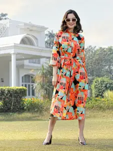 plusS Orange Abstract Printed Flared Shirt Dress