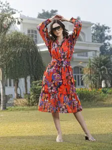 plusS Orange Floral Printed Flared Fit & Flare Dress