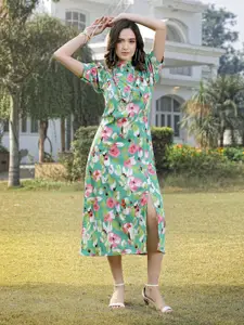 plusS Green Floral Printed Puff Sleeve High Neck Midi Dress