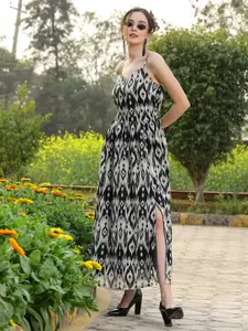 plusS Black Abstract Printed Shoulder Straps Fit & Flare Flared Midi Dress